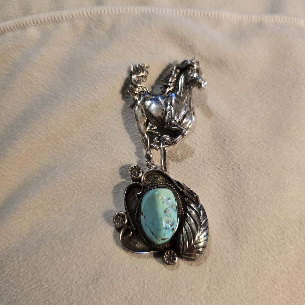 OOAK Sterling Silver Horse Brooch Pendant Turquoise Western Equestrian Vtg